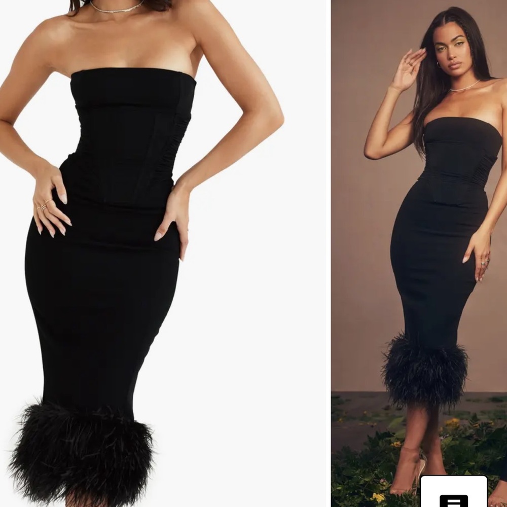 HOUSE OF CB WORN ONCE Elegant Black Strapless Dress with Feather Hem